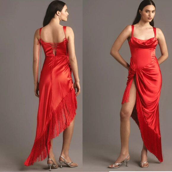 For Love & Lemons Anisa Asymmetrical Fringe Midi Dress size XL new with tag red - Picture 1 of 7